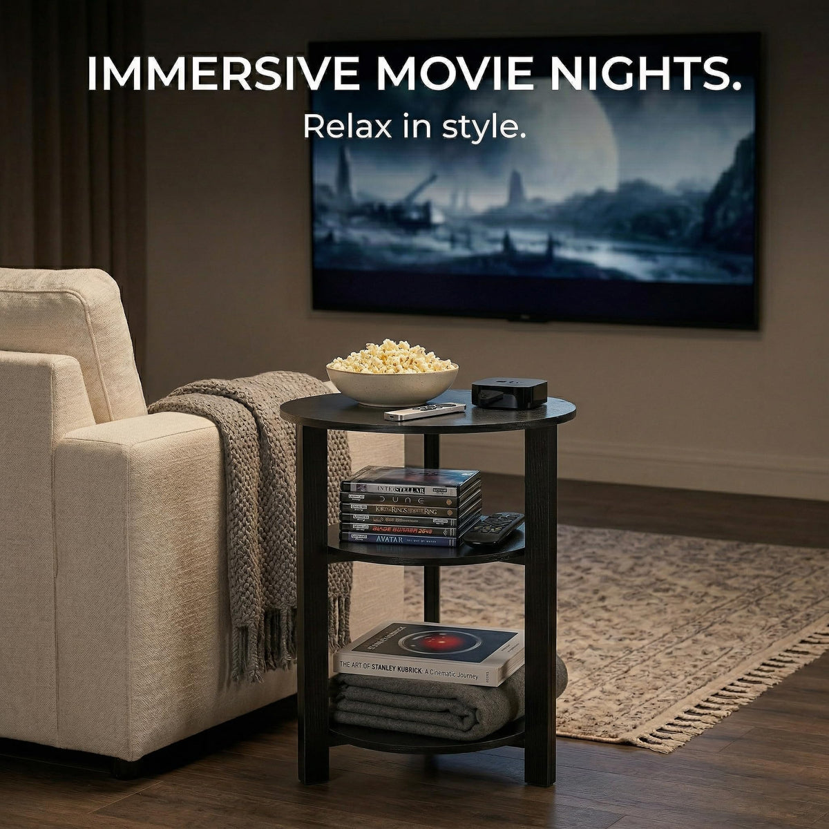 ZEXVIDA Farmhouse 3-Tier Round Side Table, 17.7*21.7Inch End Table with Open Storage,Modern Bedside Couch Accent Table for Living Room, Bedroom, Office，Wooden Table for Narrow and Small Spaces, Black