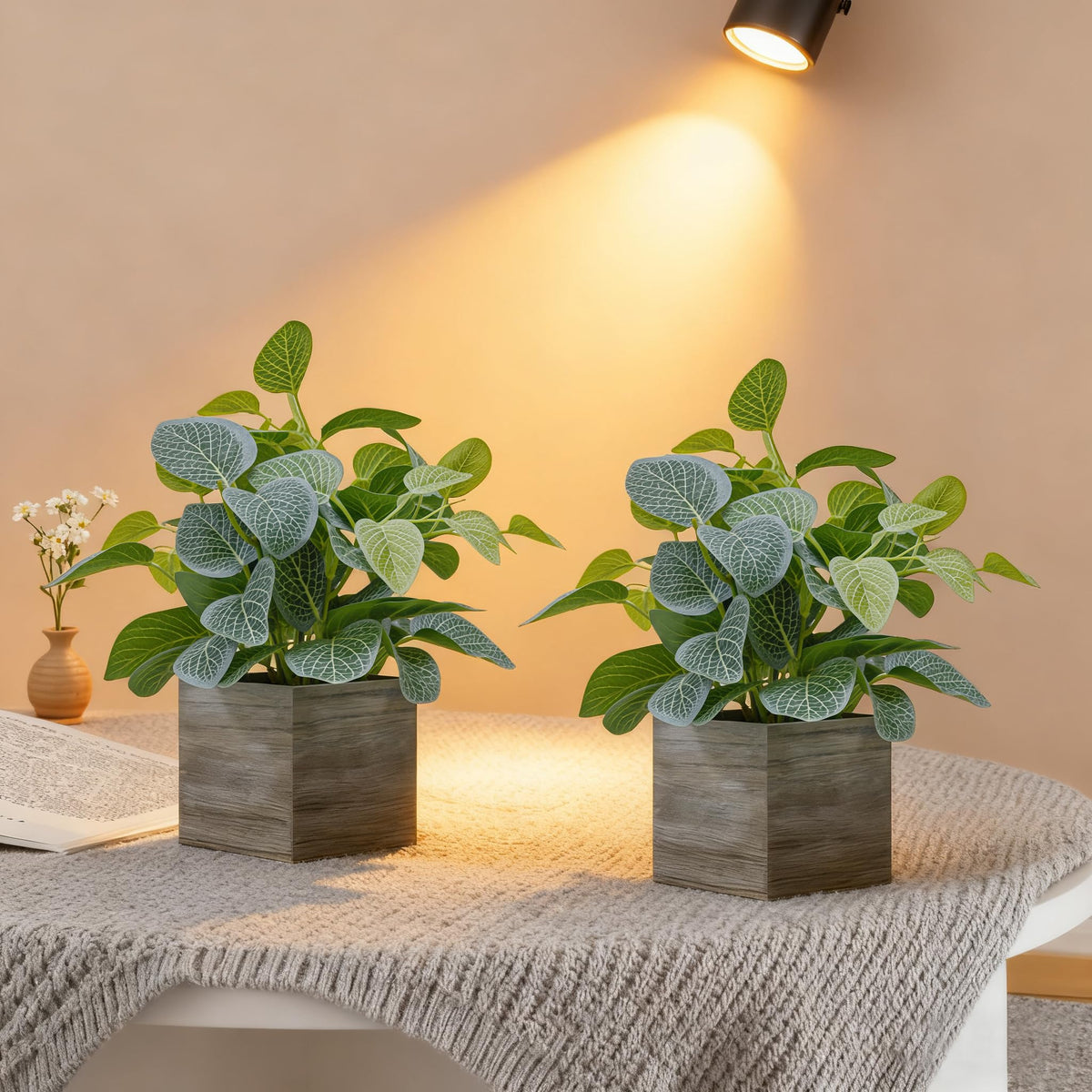 Nztze 2 Pack 12" Medium Eucalyptus Fake Plants, Artificial Plants Indoor with 4 Inch Wooden Planters, Faux Potted Plants for Home Decor, Desk, Shelves, Desktop, Coffee Table, Bedroom