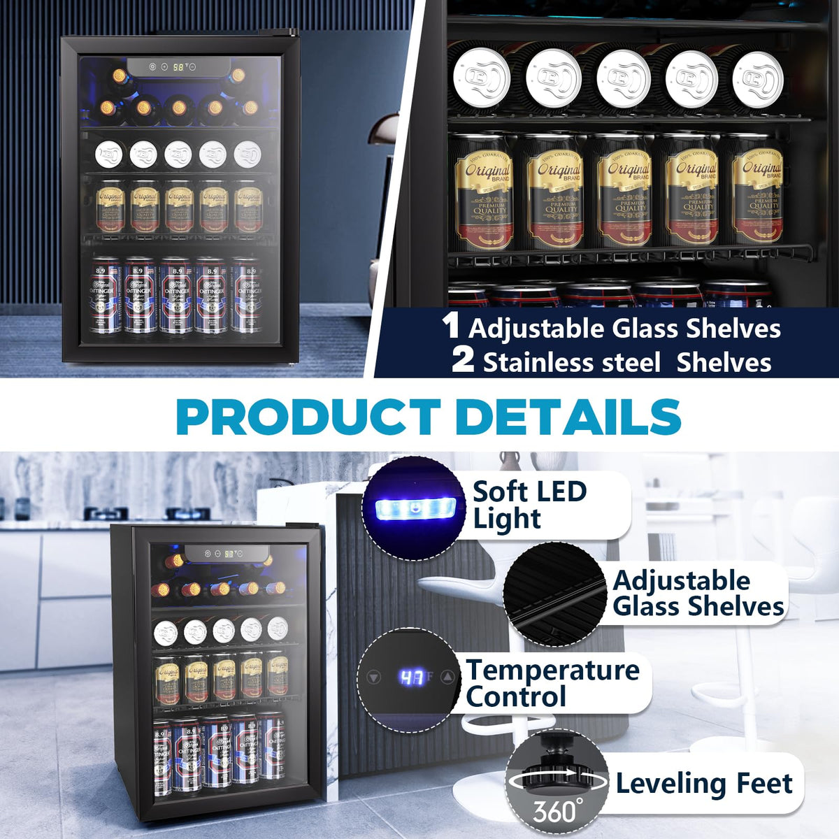 Electactic 2.6 Cu.ft Beverage Refrigerator Cooler, 95 Can Mini Fridge Glass Door with Adjustable Shelves, Digital Temperature Display, Freestanding Small Drink Fridge for Home, Office or Bar(Black)