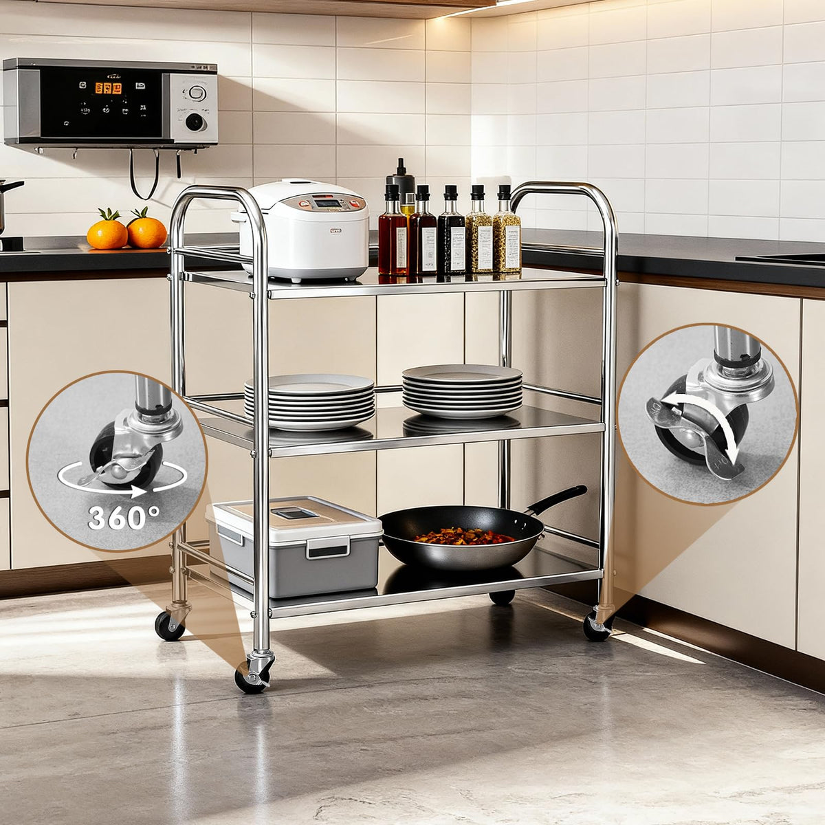 Stainless Steel Utility Cart - 3-Tire Metal Rolling Small Service Cart on Wheels for Salon Labs Clinic - Flat Top Kitchen Storage Organizer Shelf Trolley for Livingroom Office