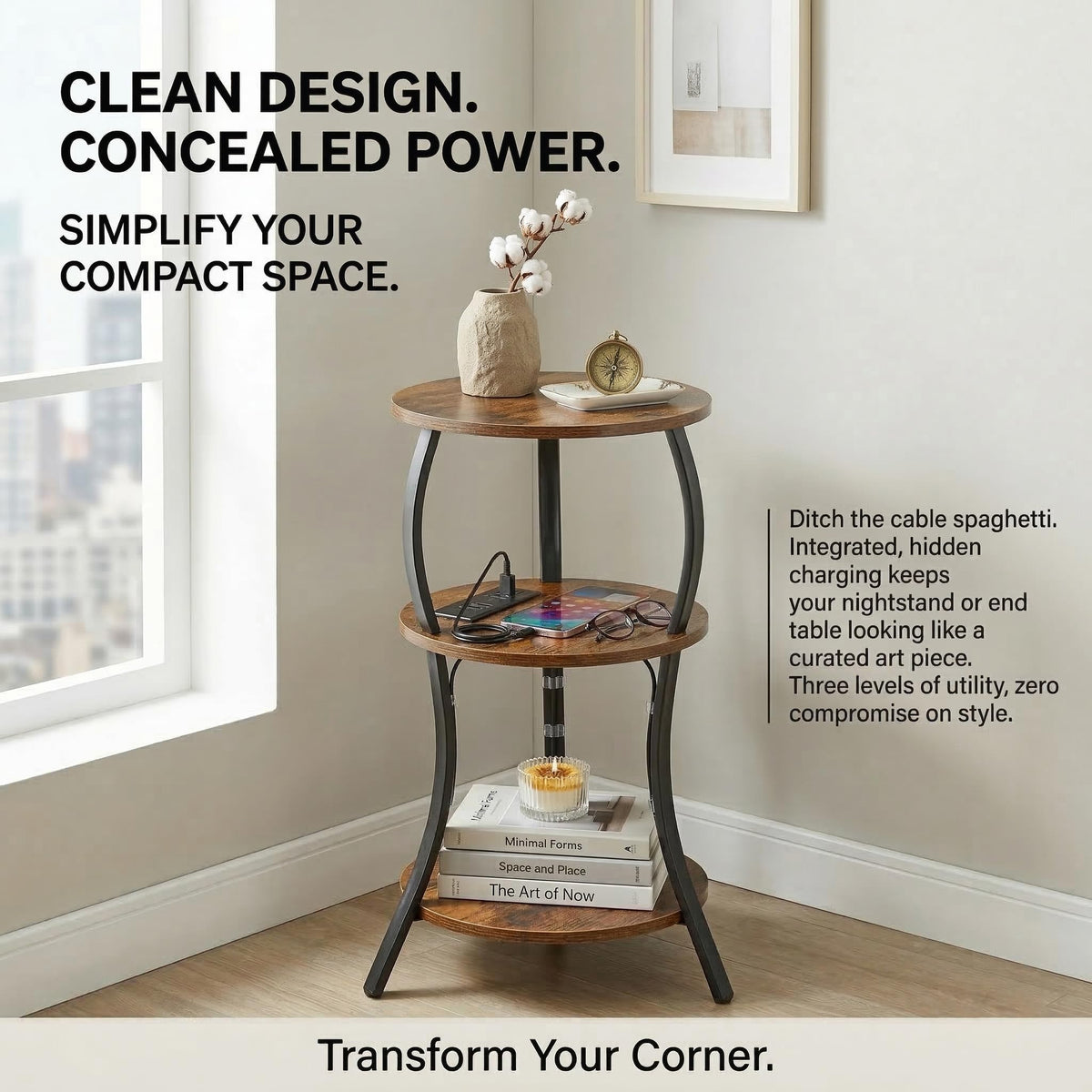 Small Round Side Table with Charging Station, 3-Tier Waist Circular End Table with Storage Shelf, Compact Tea Sofa Side Table Small Spaces, Round Corner Coffee Table for Living Room Bedroon,Brown