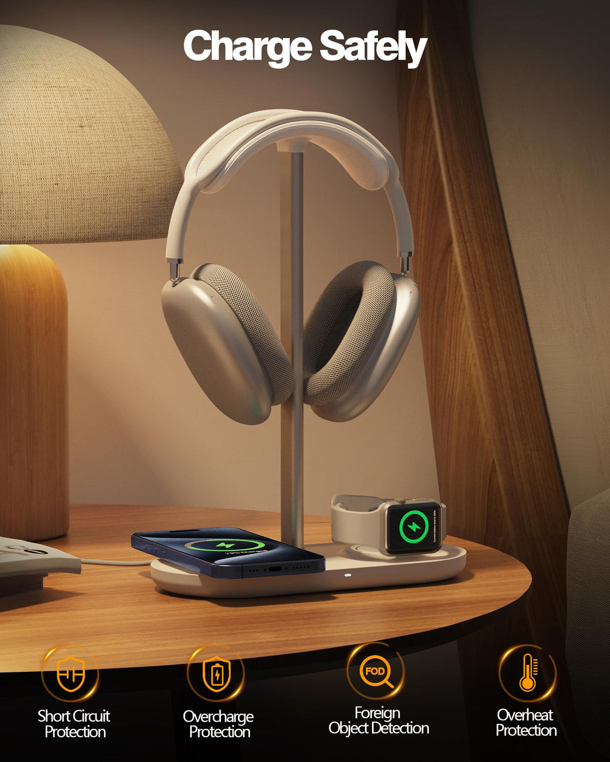 HiWe Headphone Stand, 2-in-1 Wireless Charger for iPhone/Apple Watch, Aluminum Alloy Rod, Minimalist Desk Organizer, White