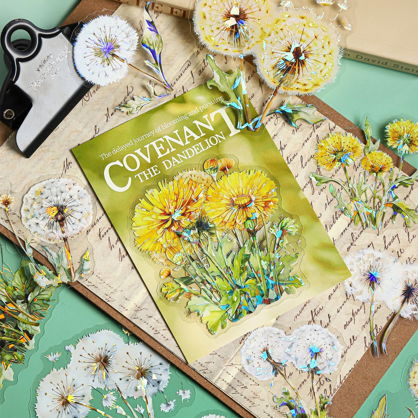 AuriicLeaf Dandelion Floral PET Stickers Set, 60PCS Holographic Botanical Flower Stickers for Scrapbooking, Journaling, DIY Crafts, and Art Supplies
