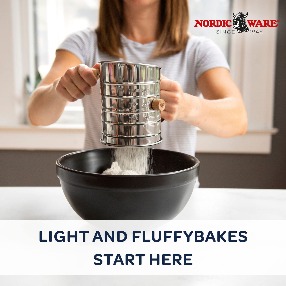 Nordic Ware Flour Sifter, 3-Cup Stainless Steel Flour Sifter, Rotary Design, Baking Accessories For Sifting Dry Ingredients & Powdered Sugar