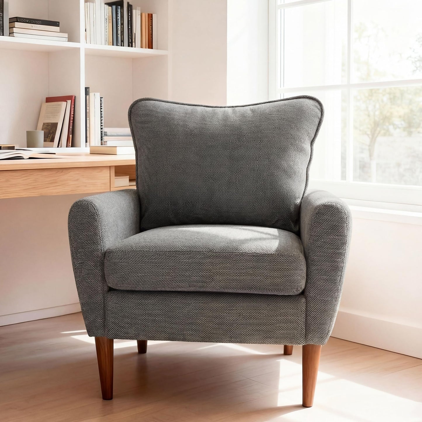 OLIXIS Comfy Accent Chair for Living Room Bedroom and Waiting Room, Upholstered Mid-Century Reading Chair with Pillow and Solid Wood Legs, Wide Singe Modern Lounge Sofa (Gray)