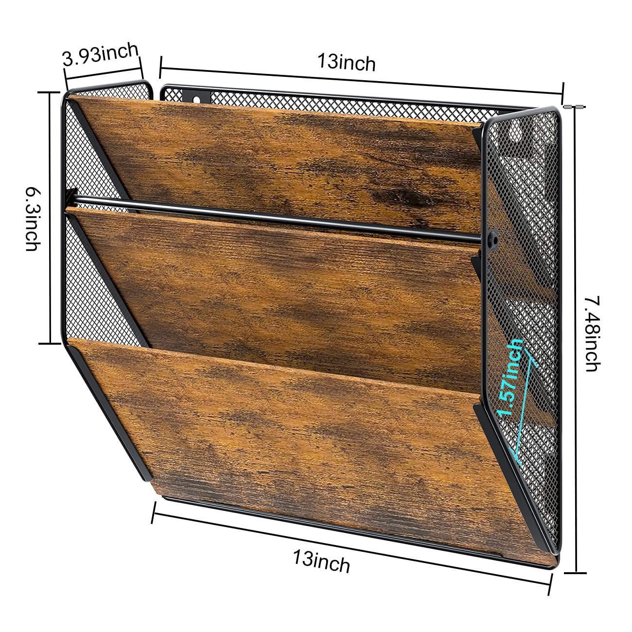 PAG Wall File Organizer for Office, 3-Tier Rustic Hanging File holder Wall Storage Rack for Documents/Magazine/Literature/File Folders/Mails/Envelopes, Brown