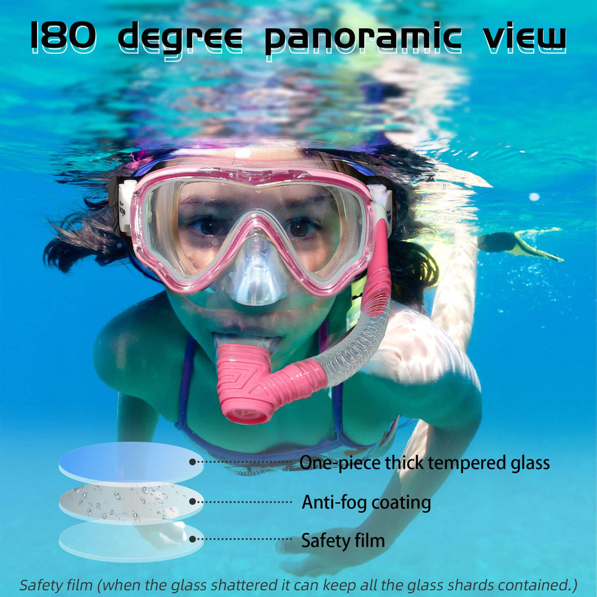 Seago Kids Swimming Mask Swim Diving Scuba Mask Snorkel Gear for Boys Girls Youth, Anti-Fog 180° Panoramic View Soft Silicone Skirt Kids Pool Underwater Swim Goggles with Nose Cover, Snorkel Equipment
