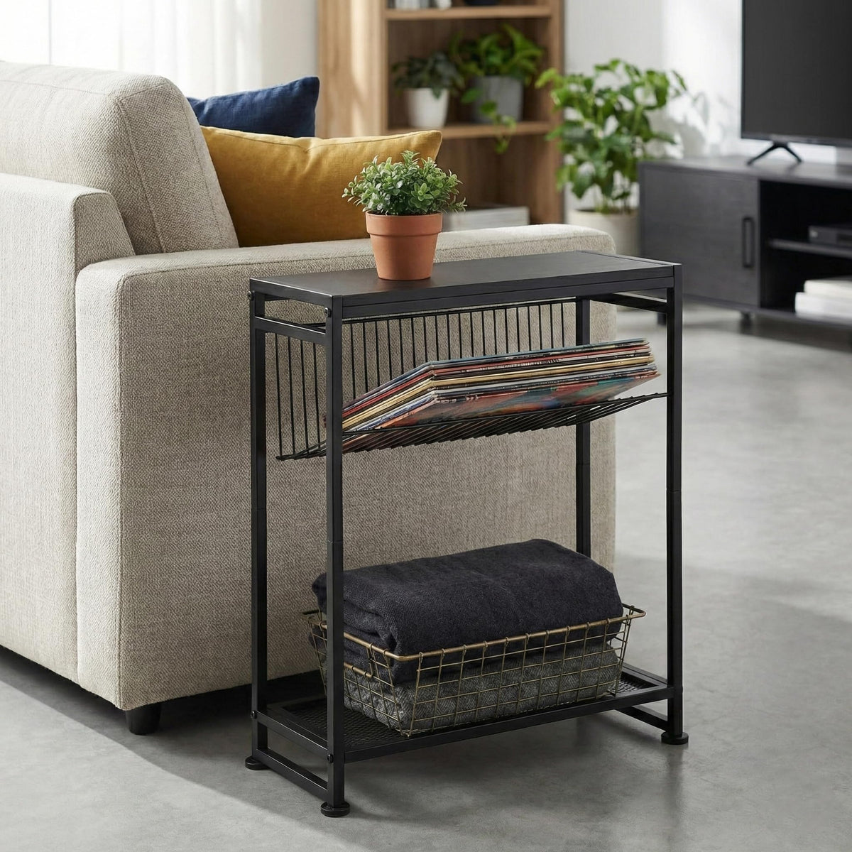 Dulcii Small Side Table for Small Spaces - Slim End Table with Magazine Holder - 2 in 1 Design Narrow End Table Living Room - Skinny Bedside Table Nightstand Bedroom Thin Side Table, Black