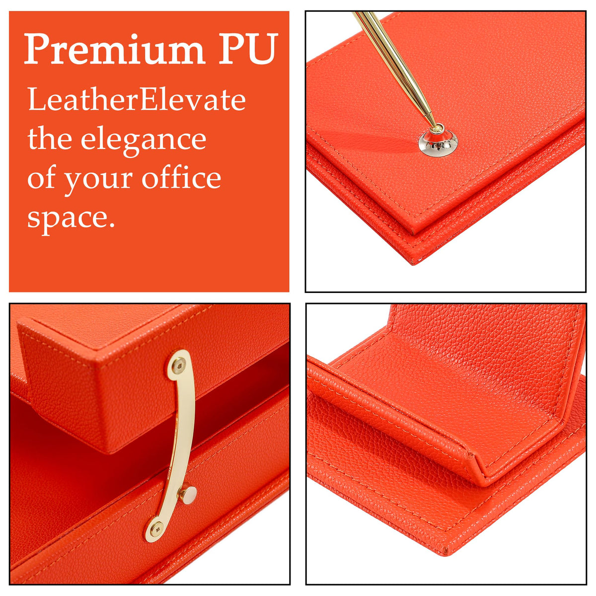 RitPin Luxury Executive Leather Desk Organizer Set –15-Piece Office Desk Accessories with Desk Pad, Letter Tray, Phone Stand, Pen Holder & Coasters – Professional Office Desk Decor & Gift (Orange)