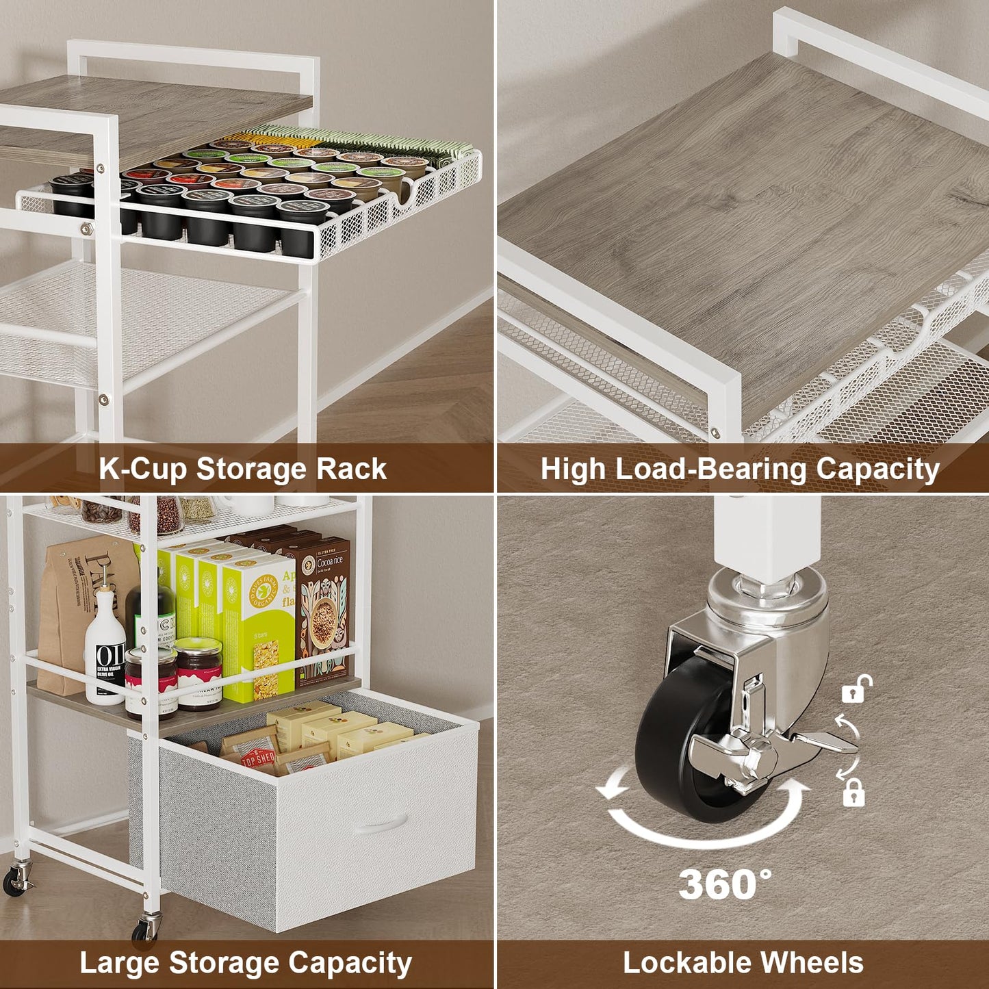 Lurgno Coffee Bar Cabinet with Storage，5 Tier Coffee Station Table on Wheels, 33.6" H Cart with Drawer for Home Kitchen, Liquor Buffet Sideboard Cabinet (Modern White)