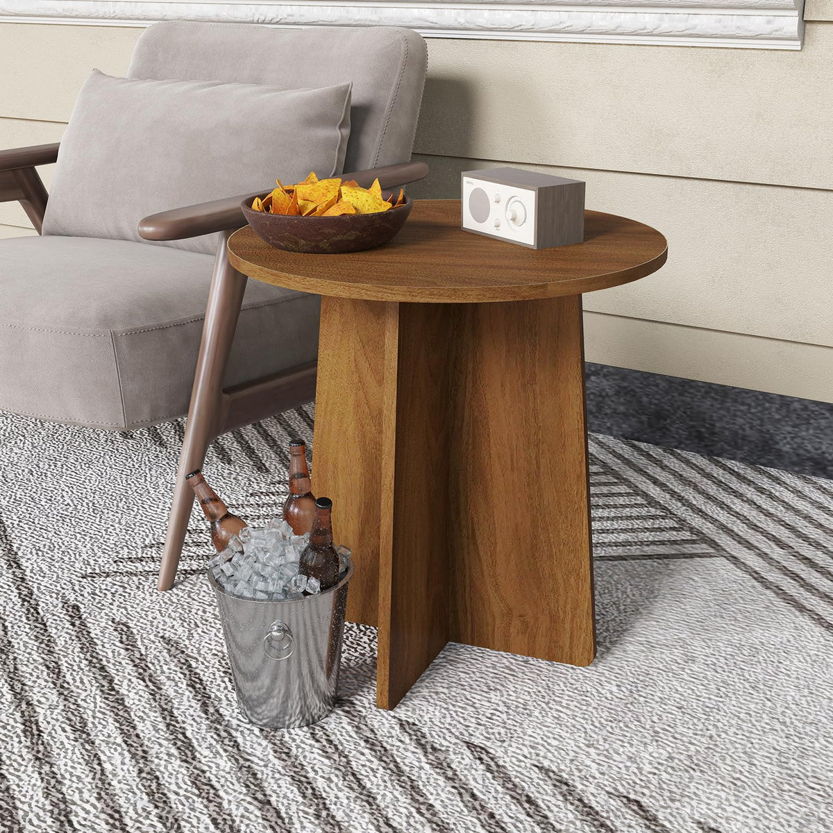 Permory 19.6 Inch Round Side Table, Modern End Table with MDF Wood Tabletop, Small Accent Coffee Table for Living Room, Bedroom, Balcony, Easy Assembly & Sturdy (Rustic Brown)
