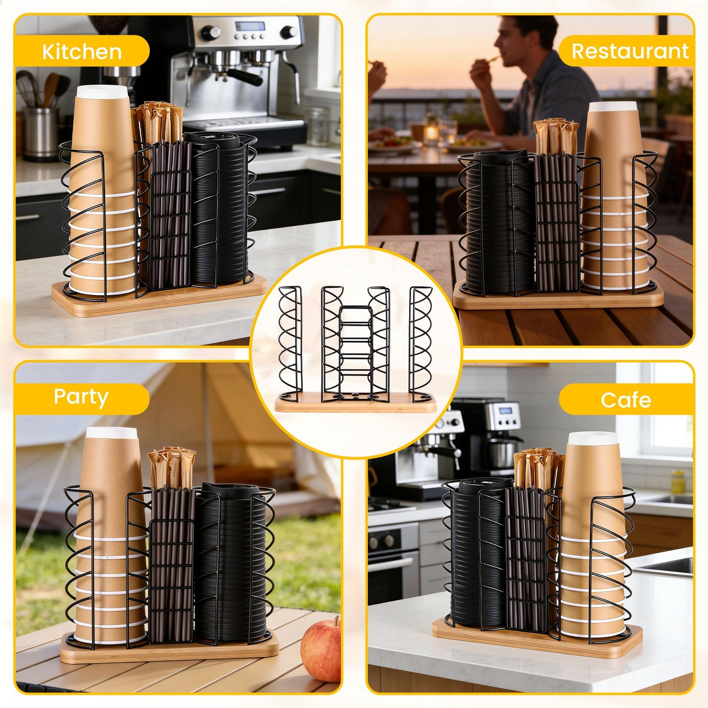 Mozabol Coffee Station Organizer for Countertop, Cup and Lid Organizer with Straw Holder, 3 Section Disposable Cup Dispenser Rack with Acacia Wood Base for Office, Cafe, Kitchen, Break Room