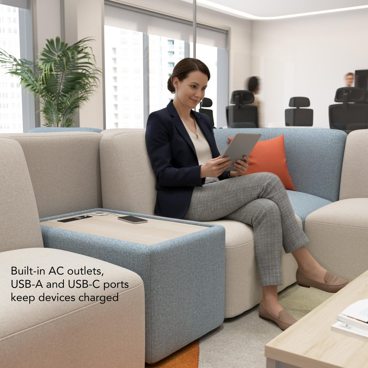 Bush Business Furniture Modular 2 Seater Sectional with Charging Station, Guest Seating for Lobby or Reception Area, Assemble Collection, Mist Fabric