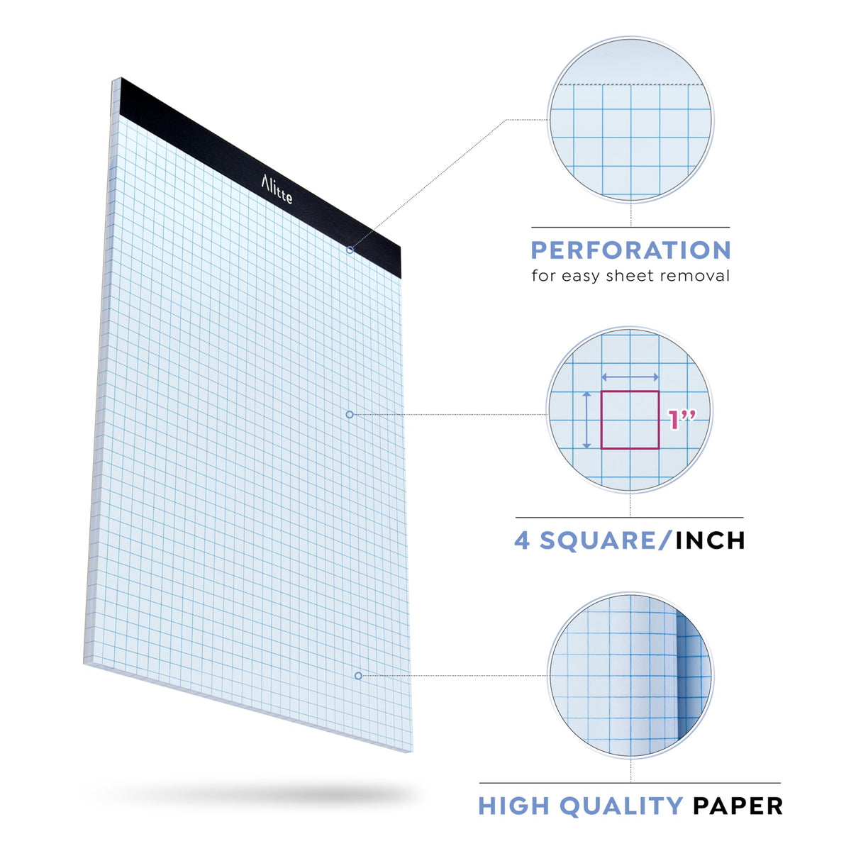 Alitte Graph Paper Pad, Pack of 3, White Letter Size - 4x4 Quad Grid Paper, With Blue Lines - Easy-Tear Perforations, 11x8.5 Cardboard Backing - Graph Notepads for School, Office -50 Sheets per Pad