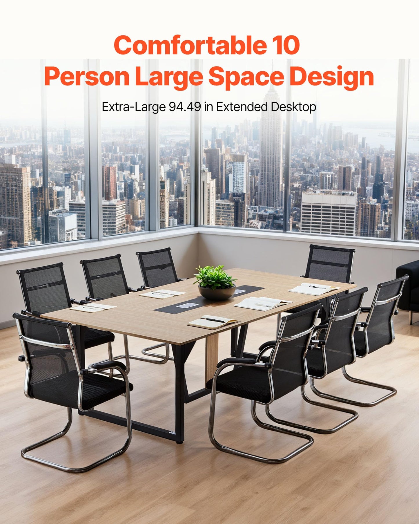 VEVOR Conference Table, 8 ft Office Meeting Table for 10 Person, Modern Rectangle Seminar Desk with Metal Legs, Large Meeting Desk Ideal for Office, Boardroom, Conference Room, Easy Assembly, Brown