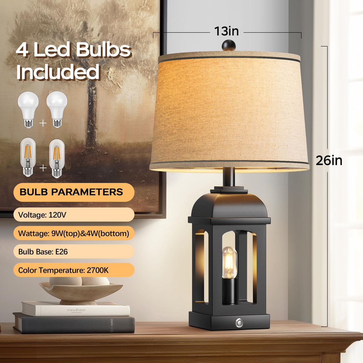 QiMH Table Lamp for Living Room, Farmhouse Lamps Set of 2 with USB A+C and Nightlight, 26" Rustic Bedside Lamps with 3-Way Dimmable Touch Control, Nightstand Lamp for Bedroom Decor, Black