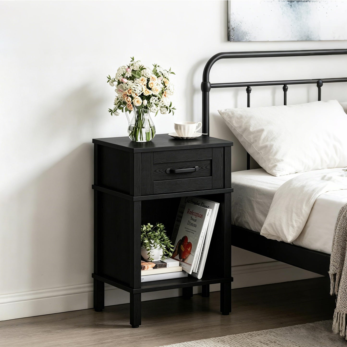 YAUKTAK Farmhouse Nightstand with Drawer, Small Wood Side Table, Wooden Bedroom Nightstand, Wood Night Stand, Black Bedside Table with Storage, Black End Table for Living Room LET512B