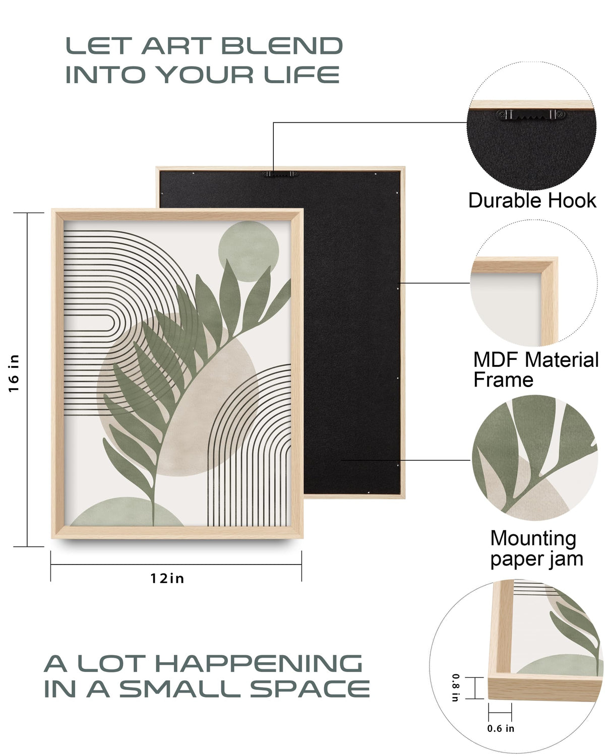 HesenDot Boho Sage Green Framed Wall Art, 12x16in High Framed Design Canvas Prints Wall Decor,Minimalist Abstract Green Poster Home Decoration for Living Room Bedrrom Gallery Office,Set of 3