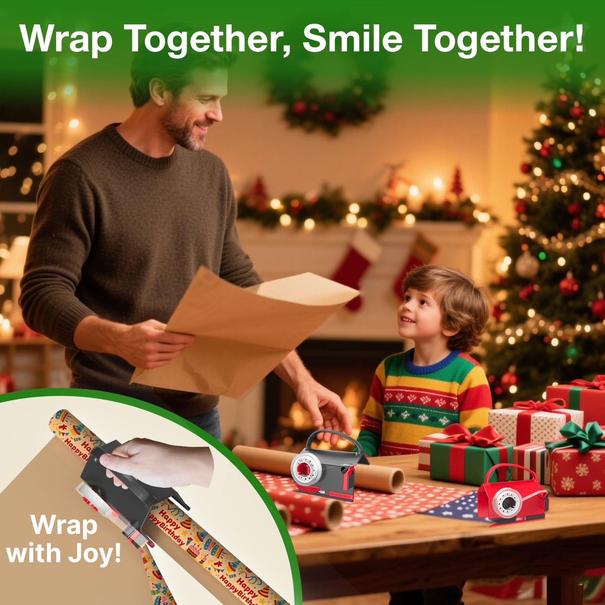 Wraprocut (2-Pack) Wrapping Paper Cutter & Tape Dispenser Dual Use with 4 Tapes，2 Replace Blades Kit for Christmas Gift Wrap Cutter Tool Paper Roll Holder Tube Sliding Slicing for Birthday Holiday.