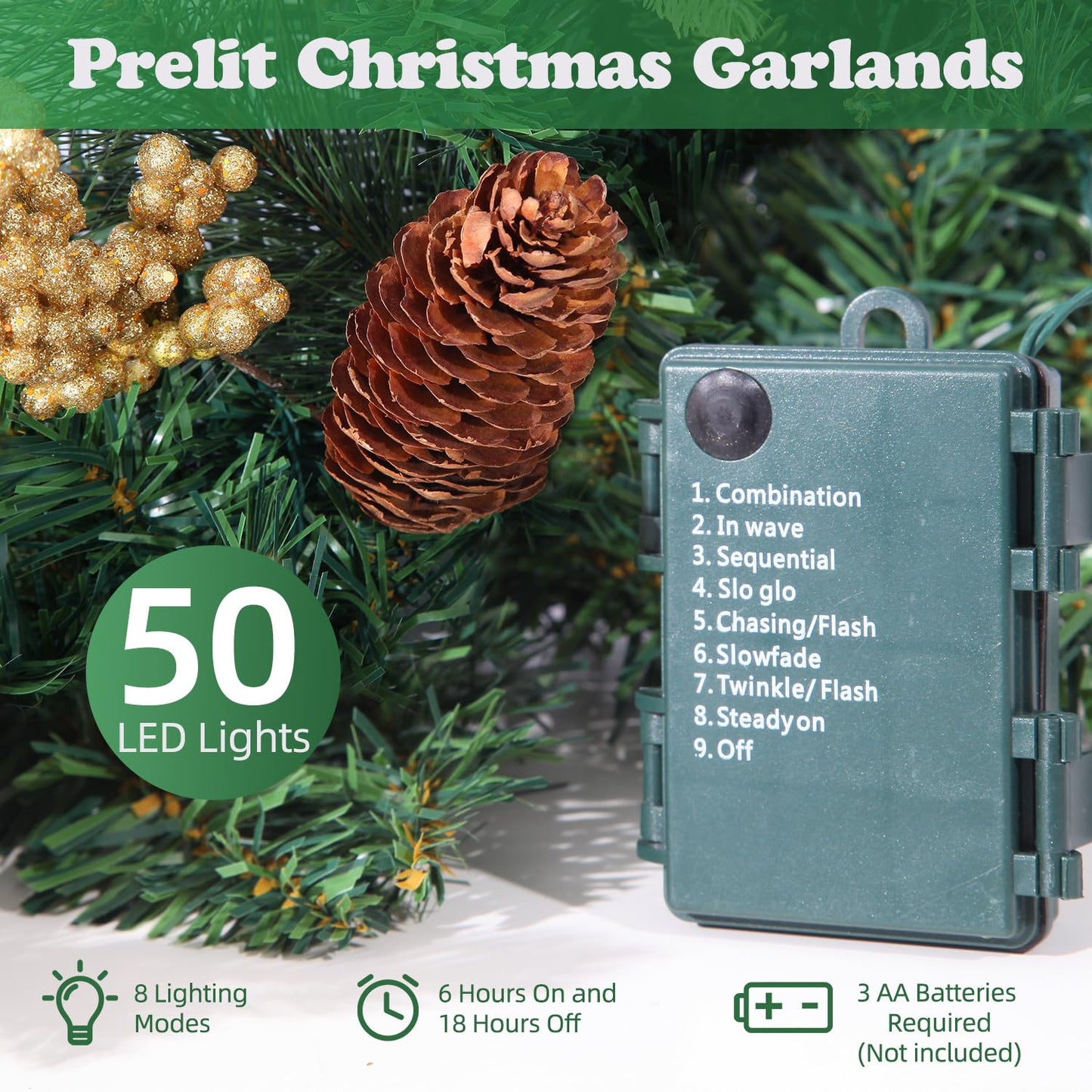 9 FT Prelit Christmas Garland Battery Operated with 50 Warm Lights, Xmas Garland Greenery Outdoor with Pine Cones and Timer, Front Door Mantle Garland Christmas Holiday Decoration Indoor
