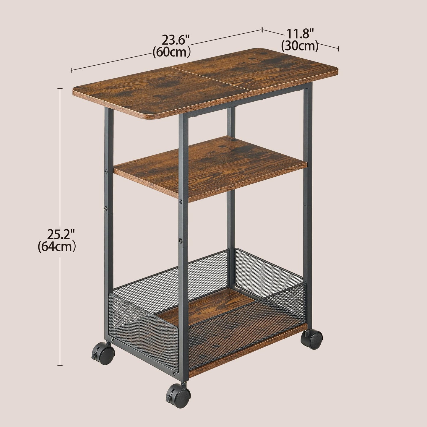 DALEMHOME Side Table with Wheels, Narrow Side Table with 3-Layer Storage Shelves, Slim Nightstand, Metal Frame, for Small Spaces, Living Room, Bedroom, 23.6" D x 11.8" W x 25.2" H, Rustic Brown