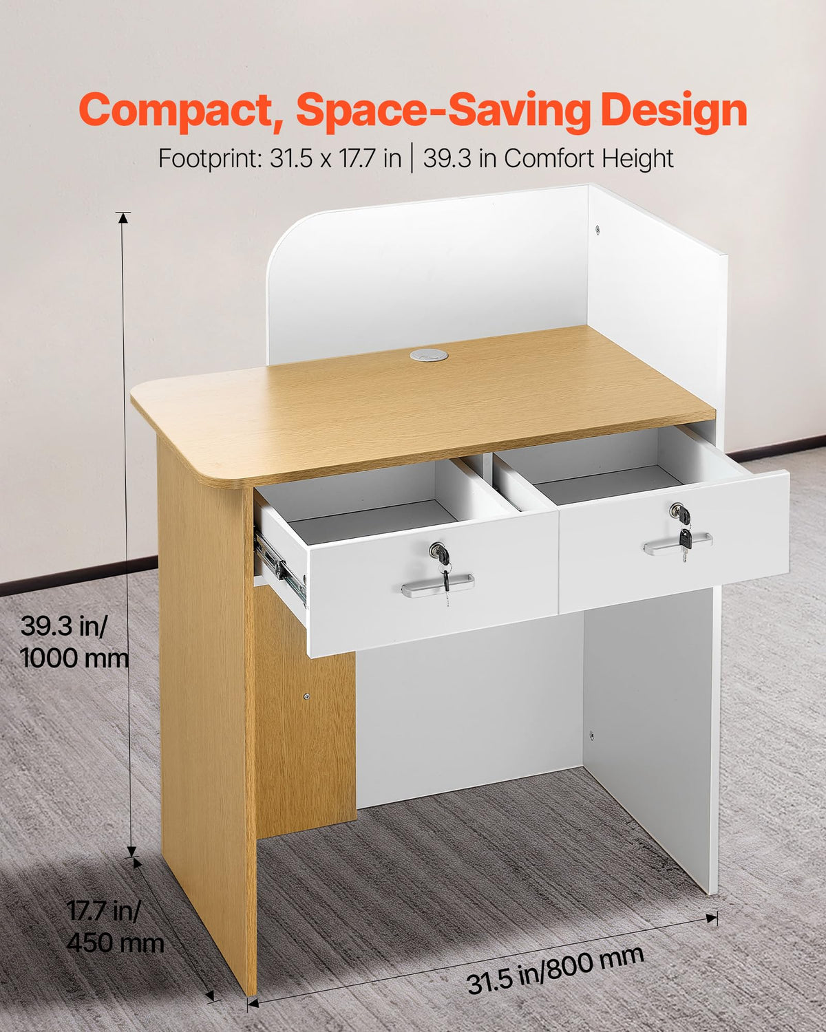 VEVOR Reception Desk, 31.5 inch Rectangular Front Counter Table, Modern Office Reception Desk with LED Light, 2 Drawers & Power Outlets, Retail Counter Table for Checkout, Lobby, Beauty Salon, Office