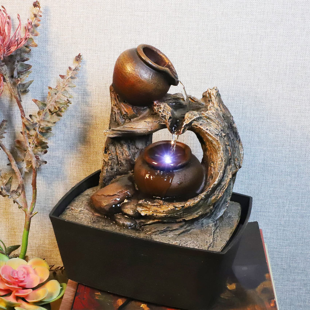 Ferrisland Tabletop Water Fountain Indoor - Tree Trunk with Jar Rustic Fountains Small Feng Shui Zen Waterfall Fountain W/LED Light & Soothing Sounds for Office Home Desktop Decor (Brown)