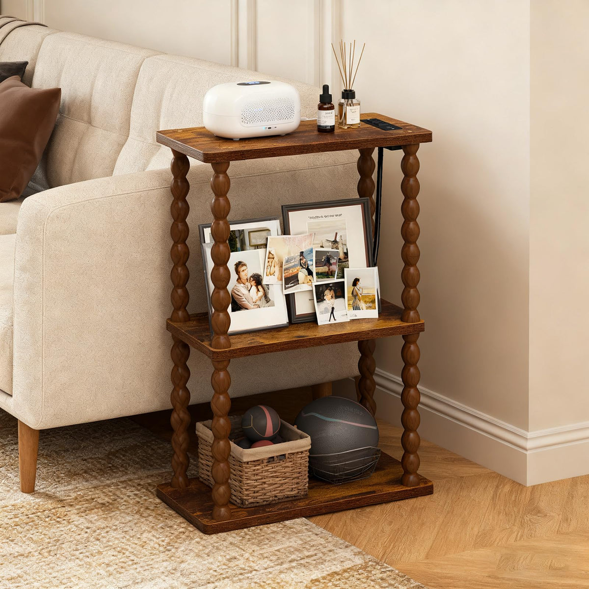 ELYKEN Side Table with Charging Station, Small End Tables Living Room with USB Port and Outlet, 3-Tier Narrow Bedside Table Nightstands for Bedroom, Rustic Brown
