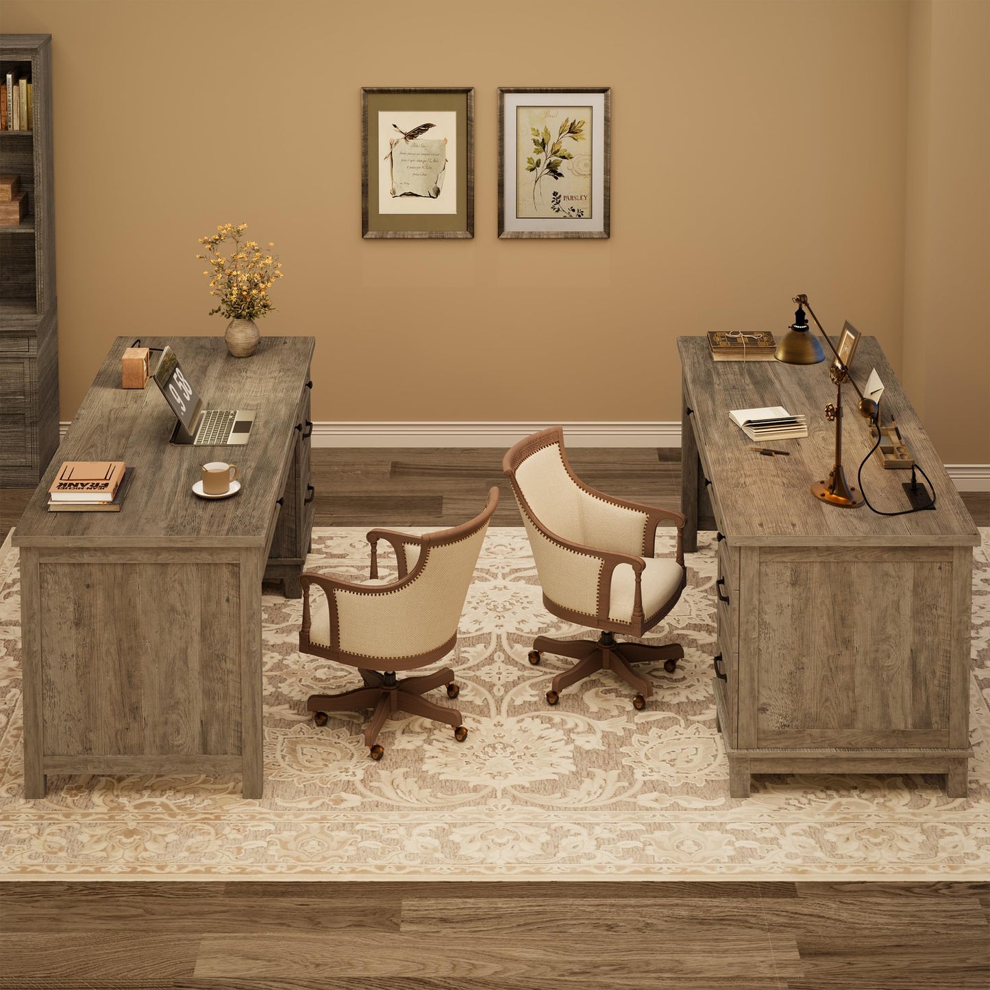 Garvee 53.5" Wooden Home Office Desk with File Drawers, Executive Desk with Power Outlet, Farmhouse Wood Desk with Storage, Distressed Study and Work Table, Rustic Grey