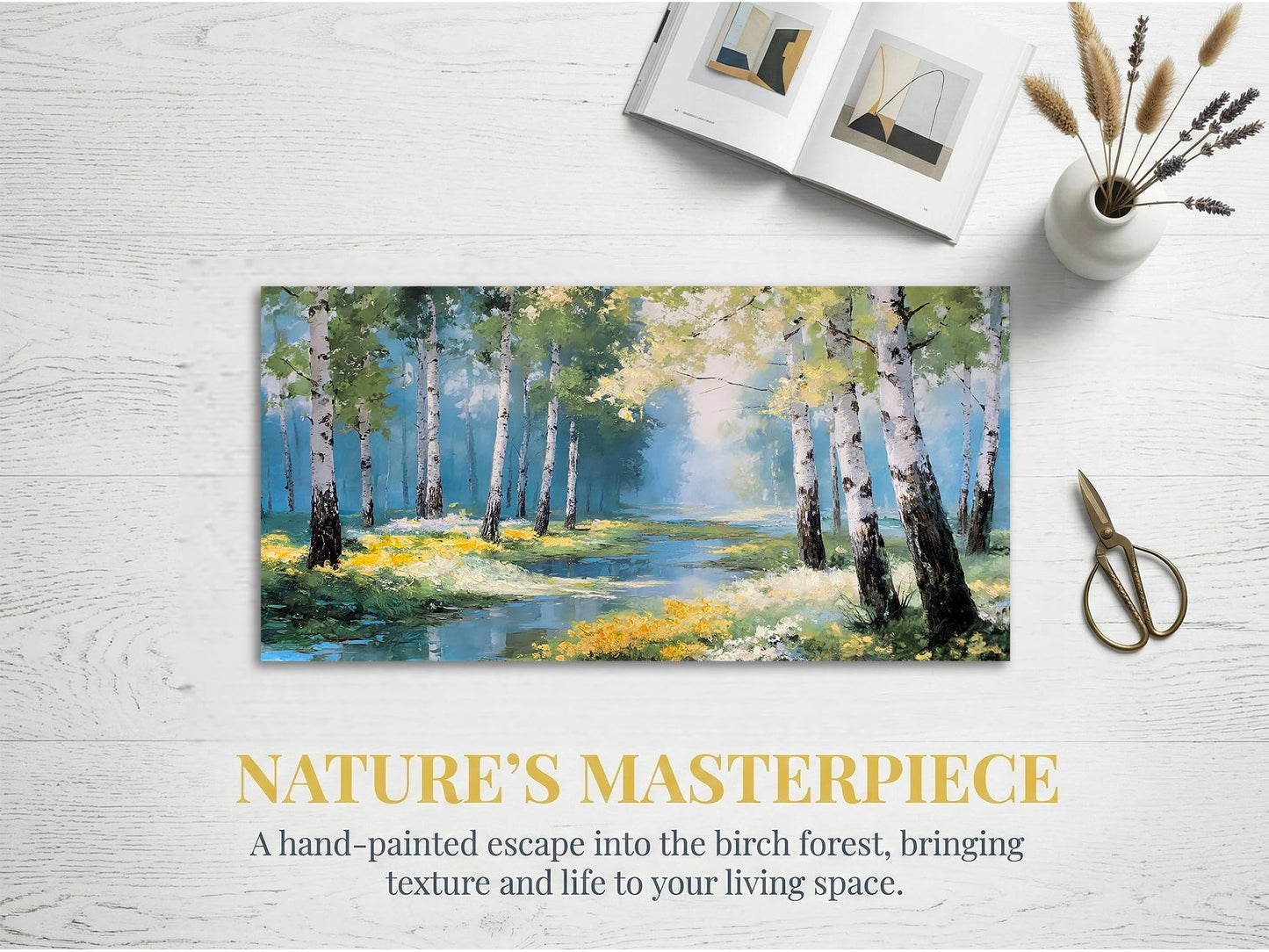 Ardemy Birch Forest Stream Canvas Wall Art, 40"x20" Hand-Painted Texture Landscape Painting with Wildflowers, Calming Nature Scenery for Living Room Bedroom Bathroom Home Office Decor