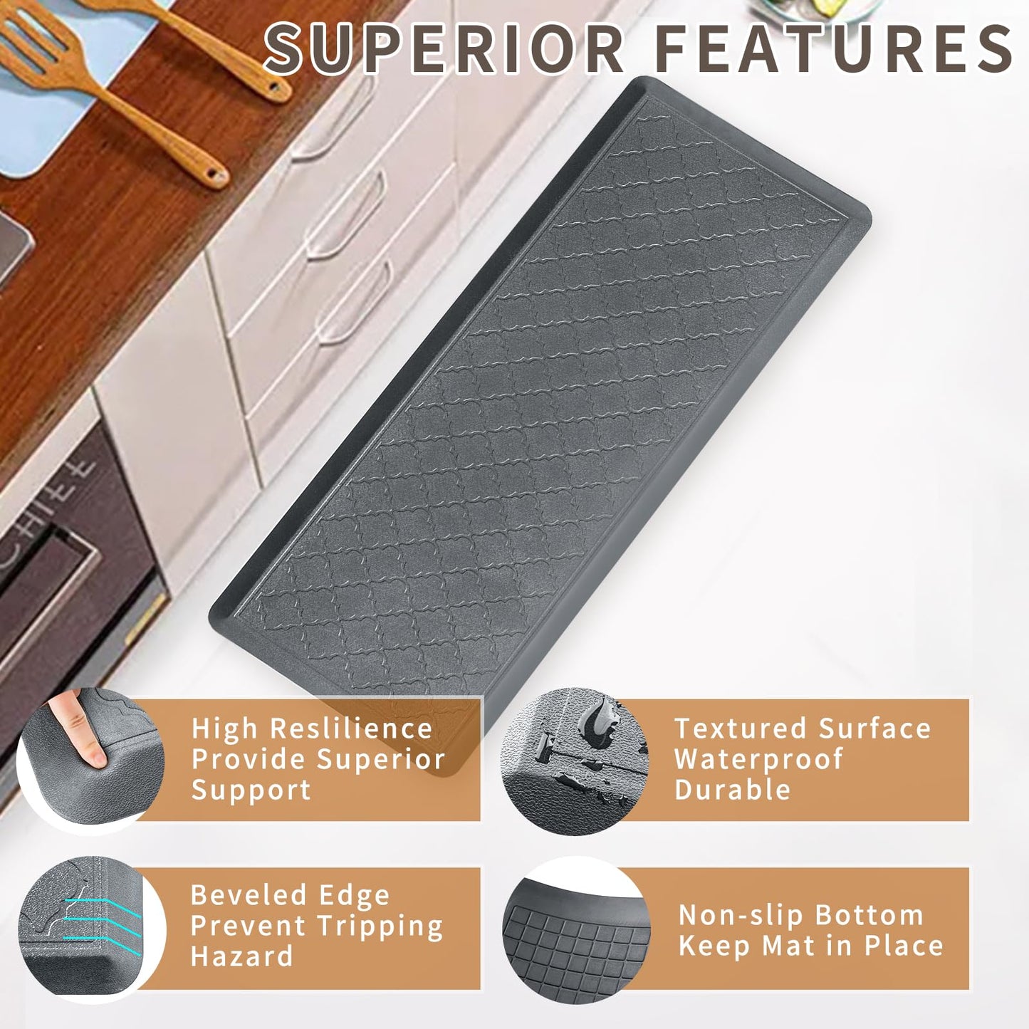24 x 60 Inch Extra Support Anti Fatigue Comfort Kitchen Mat, Waterproof Long Kitchen Runner, Non-Slip Standing Desk Mat, Commercial Pads for Offices, Home, Garages (Barcelona Grey, 24'' x 60'')