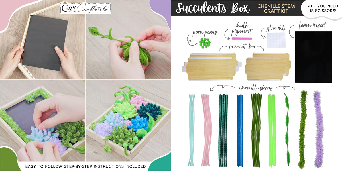 WeVeel Cozy Craftworks Chenille Stem Flower & Succulent Craft Kit for Adults – Create a Wildflower Bouquet and Succulent Box Garden – Relaxing DIY Botanical Arts & Crafts Set