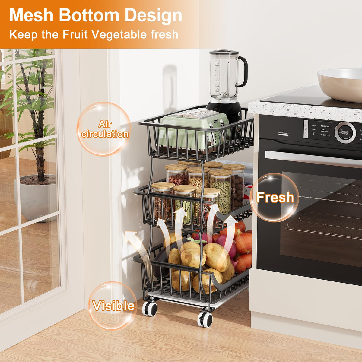 3 Tier Rolling Pantry Floor Organizers and Storage Cart with Wheels, Stackable Wire Fruit Basket Stand for Kitchen Organization, Three Tiered Pantry Storage Rack for Snack, Vegetable, Produce, Fruits