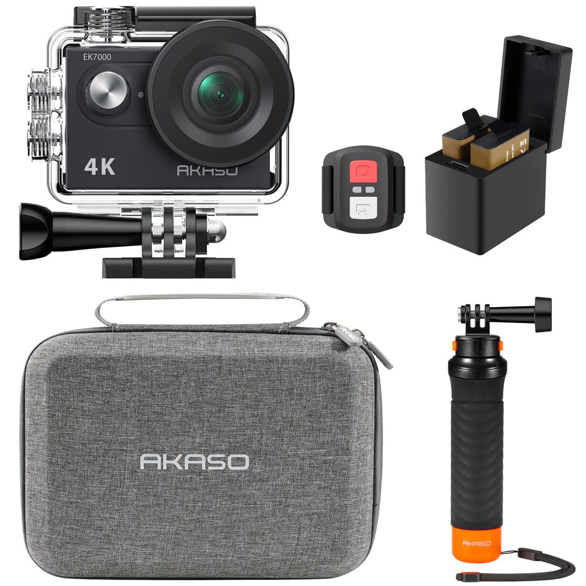 AKASO EK7000 4K30fps 20MP Action Camera EIS Ultra HD 131FT Waterproof Underwater Camera with Waterproof Floating Hand Grip Bundle and Carrying Case Helmet Accessories Kit Bundle