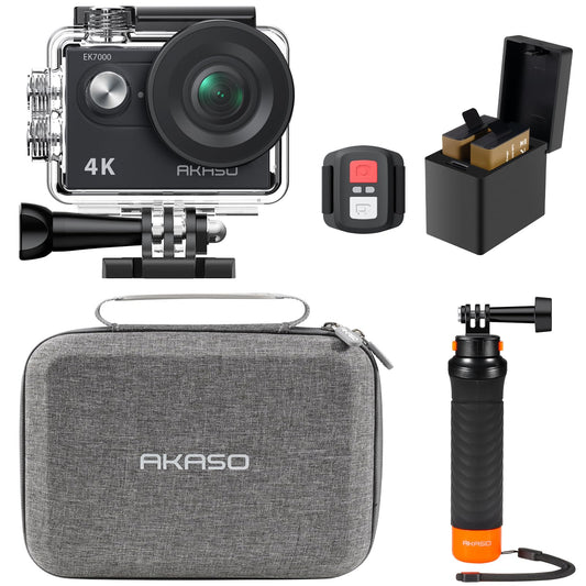 AKASO EK7000 4K30fps 20MP Action Camera EIS Ultra HD 131FT Waterproof Underwater Camera with Waterproof Floating Hand Grip Bundle and Carrying Case Helmet Accessories Kit Bundle