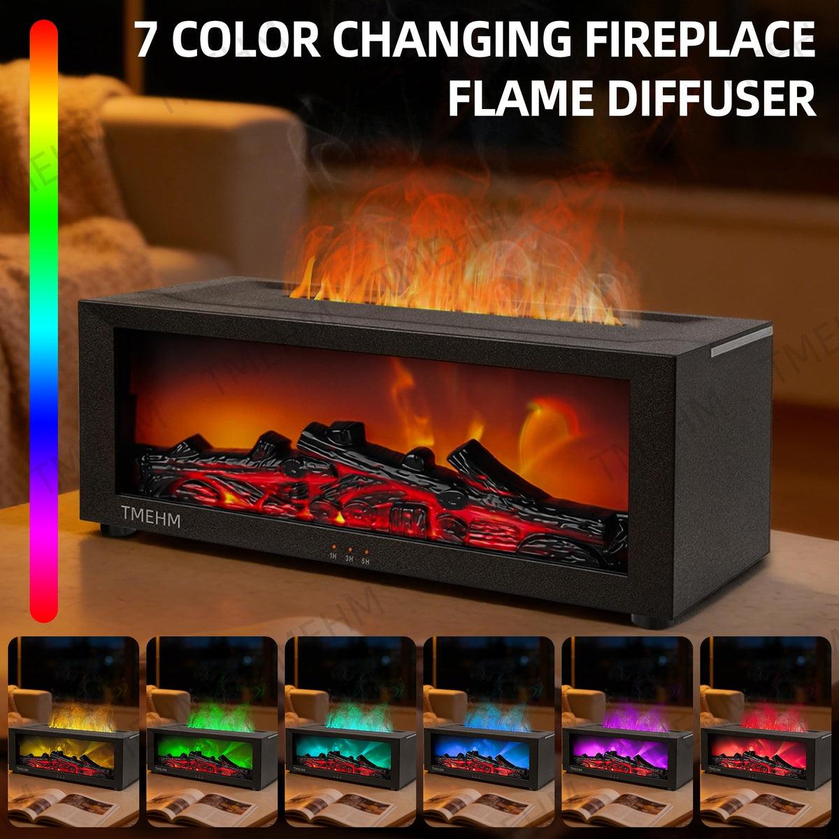 TMEHM Fireplace Flame Air Diffuser Humidifier,7 Colors Aromatherapy Essential Oil Diffuser,Ultrasonic Aroma Humidifier with Timer for Home,Bedroom,Office,Yoga (Black, L)