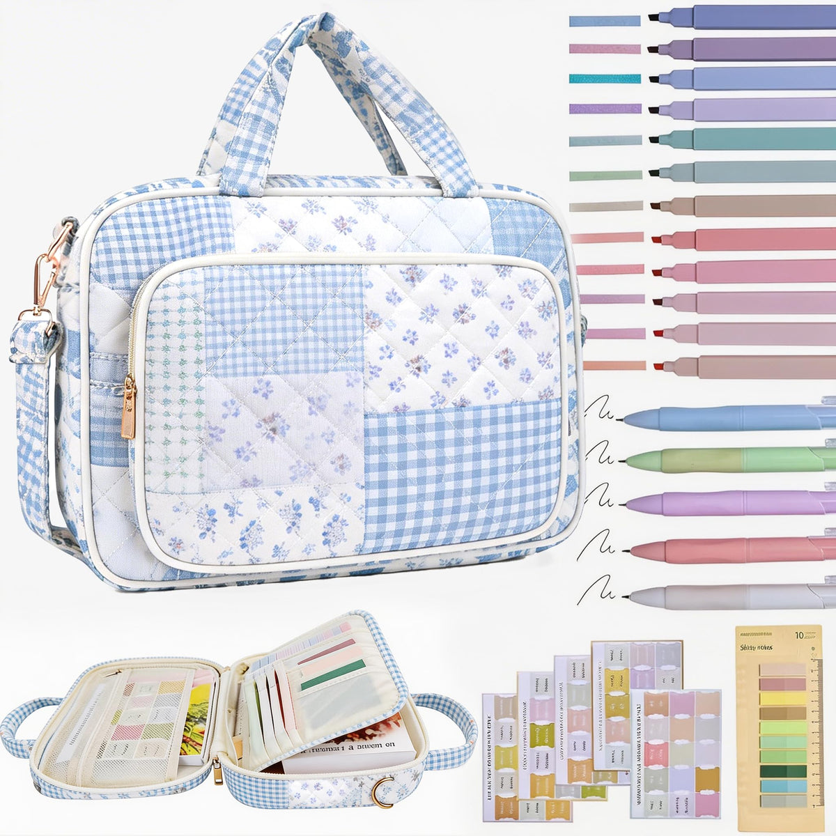 Bible Cover Case for Women Bible Study Supplies Christian Gifts for Women Church Camp Essentials Christian Bible Journaling Kit Quilted Large Bible Cover (Spliced Blue Flower, Large)
