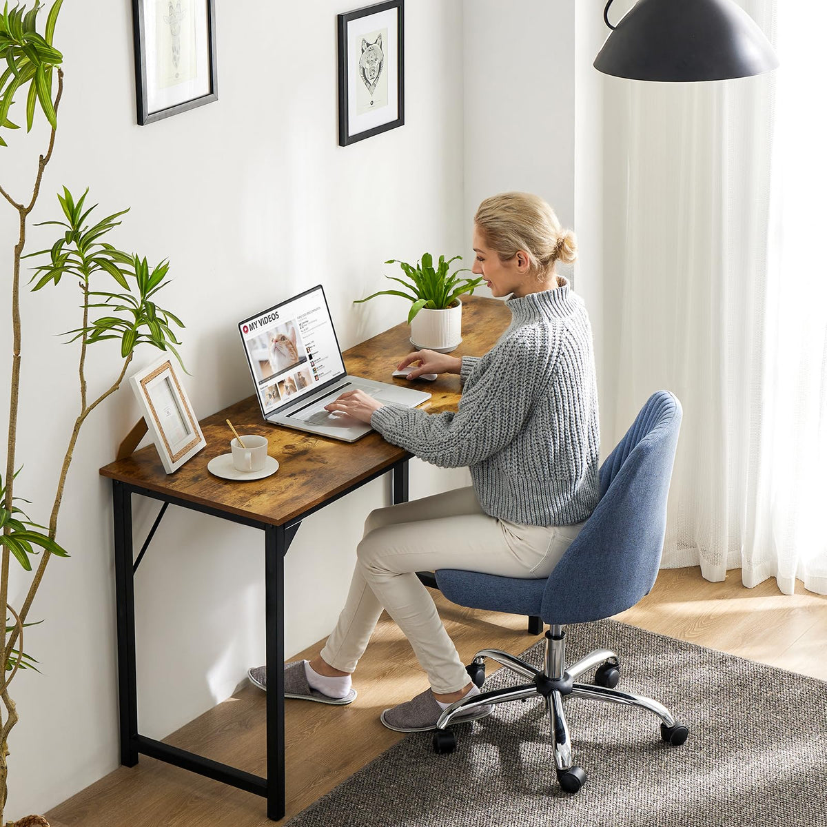 Sweetcrispy Small Computer Desk, 63" Office Writing Desk with Metal Frame & Wooden Top, X-Shaped Reinforcement, Student Study Workstation for Home Bedroom, Brown