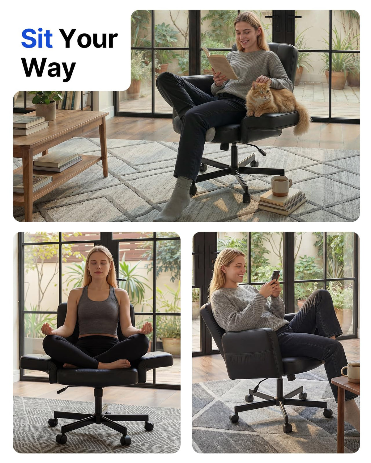 HUANUO Criss Cross Chair with 6-Point Adjustable Armrests, Pet-Friendly Criss Cross Office Chair, Comfortable Cross Leg Chair with Wide Seat, Durable PU Leather, Side Storage Pocket, Easy Assembly