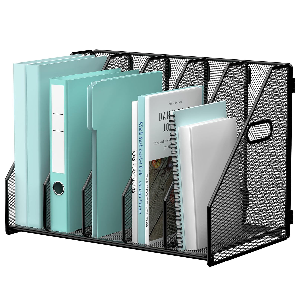Gawerk Desktop File Magazine Folder Holder 5 Vertical Compartments, Desk Organizer Vertical Magazine Folder Organize with Side Handles, for Office Home School, Black