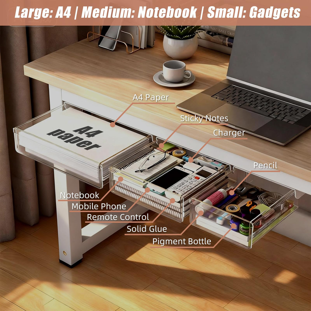 TooCust 3-Pack Under Desk Drawer for Desk with Frame & Beam, Fits Where Standard Drawers Can't, 52mm Heightened Slide Out Organizer, Dual Adhesive or Screw Mount, Clear PET Under Table Storage