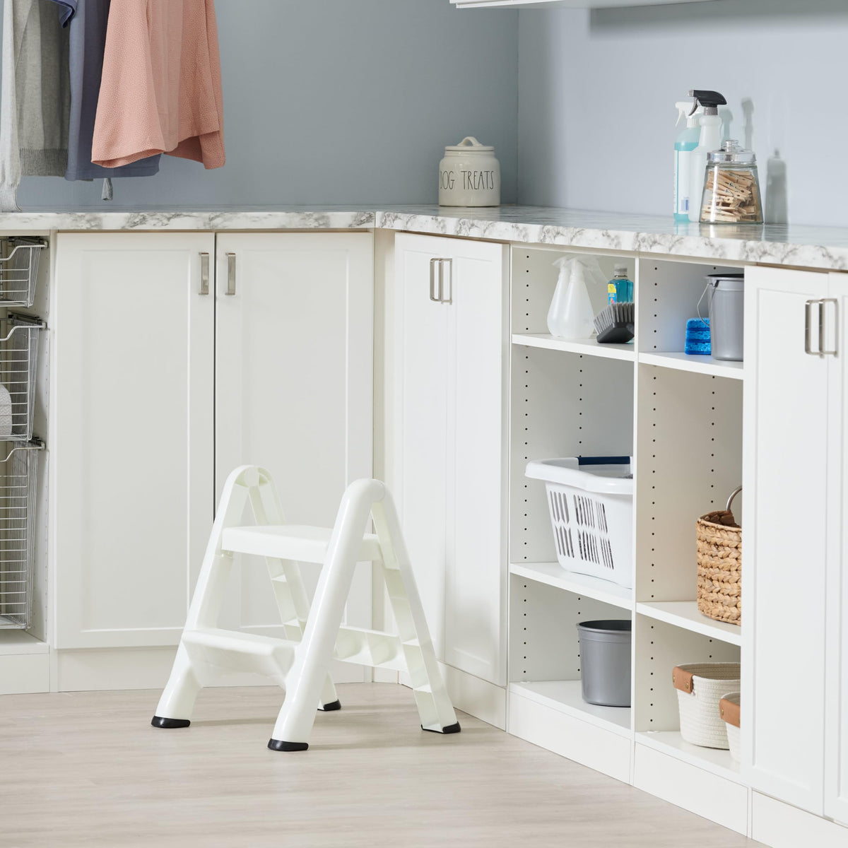 Rubbermaid Two-Step Folding Foot Stool 14-Inch High White 300 Pound Capacity Small Step Stool for Adults/Kids for Use in Library/Kitchen/Bathroom/Garage/Closet