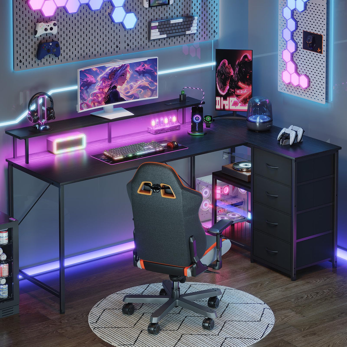 Somdot L Shaped Desk with 4 Drawers,61" Reversible Home Office Desks with Power Outlets,L Shaped Gaming Desk with USB Charging Port,Corner Desk with Storage Shelves,Easy to Assemble,Black