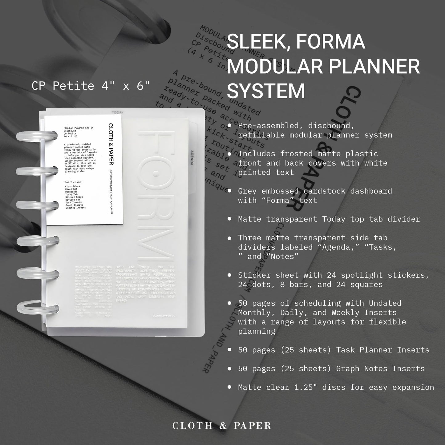 Cloth & Paper FORMA Modular Planner System – Premium Discbound CP Petite Undated Planner with Clear Discs, Covers, Dividers, Today Tab, Stickers & Inserts – Customizable Refillable Planning Organizer