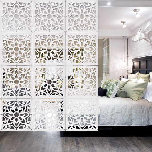ANMINY 12 PCS Hanging Room Divider Decorative Thick Wall Screen Panels Floral Carving Pattern Hollow Out Design for Bedroom Living Dining Room Kitchen Office Restaurant Home Hotel Decor - White Flower