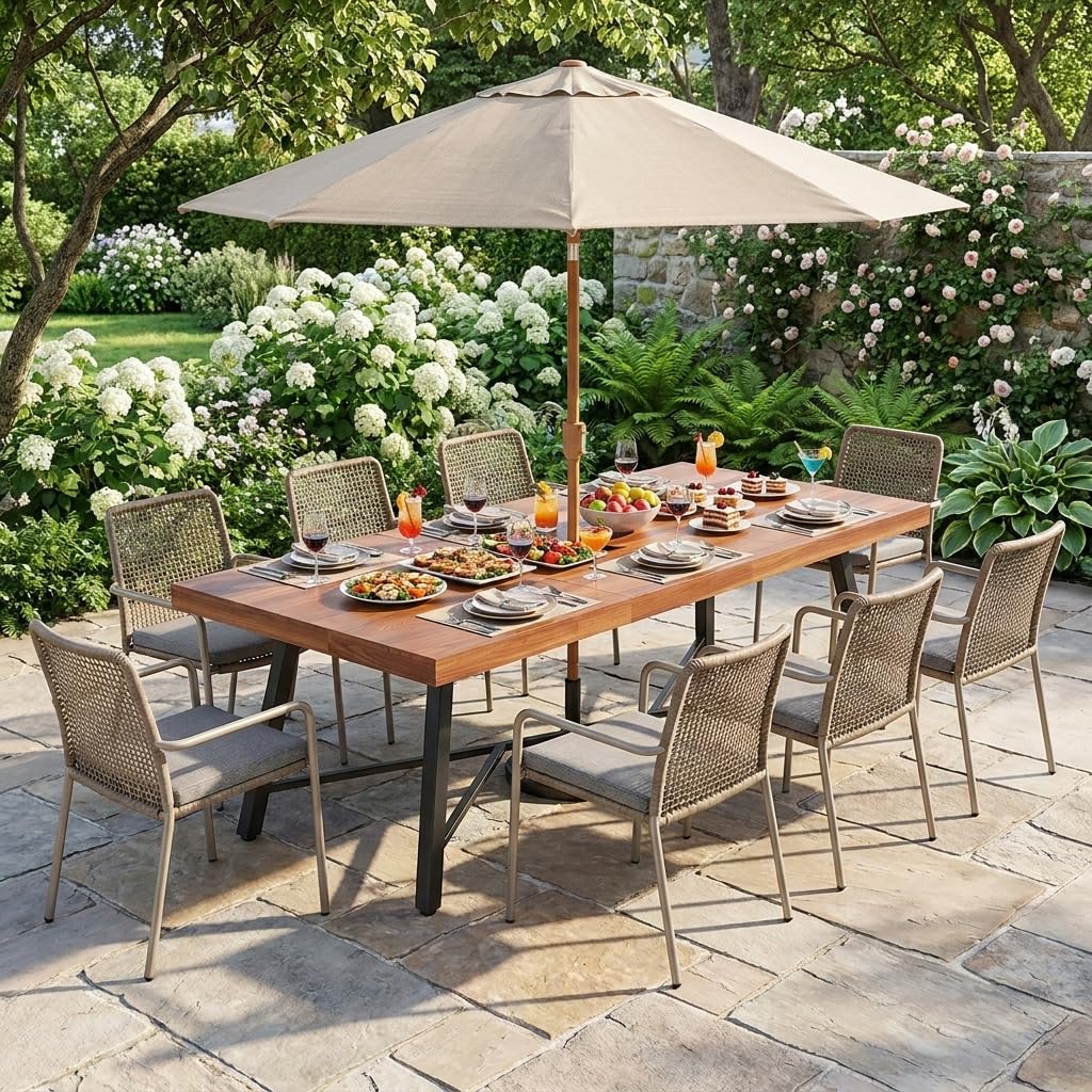 YITAHOME 68.9-Inch Rectangular Dinner Table, Solid Acacia Wood Dining Table with Metal Frame, Heavy Duty Outdoor Wood Rectangle Table for Patio, Garden, 500 LBS Capacity