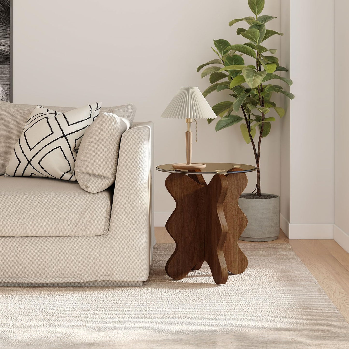 Permory MDF Frame Side Table with Brown Tempered Glass Top, Mortise and Tenon Joint Design, No Screw Easy Assembly, Sturdy End Table for Living Room, Bedroom (Seaweed-Brown)