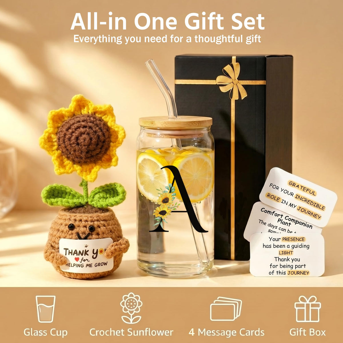 2 in 1 Personalized Glass Drinking Cup and Emotional Support Crochet Office Desk Sunflower Decor Women Paraprofessional Appreciation Admin Day Coworker Friend Thank You Gifts Social Worker Teacher A