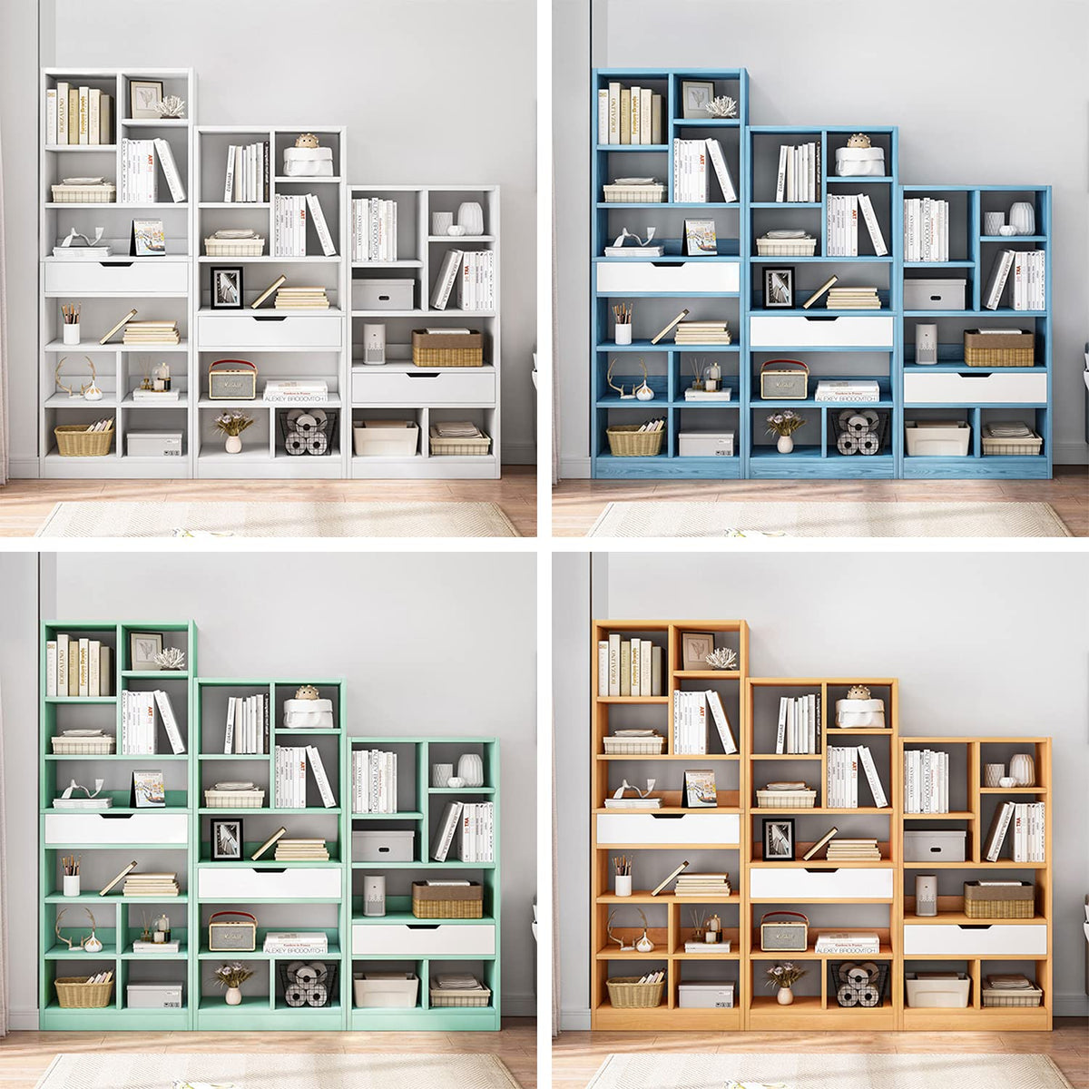 IOTXY Wooden Open Shelf Bookcase - 51 Inches Height Freestanding Display Storage Cabinet Organizer with 7 Cubes and a Drawer, Floor Standing Bookshelf in Warm White