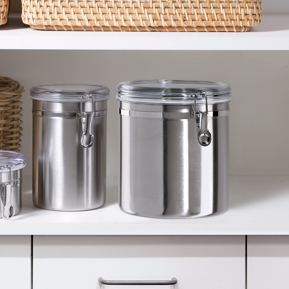 Oggi Stainless Steel Kitchen Canister 152 fl oz - Airtight Clamp Lid, Clear See-Thru Top - Ideal for Kitchen Storage, Food Storage, Pantry Storage. Jumbo Size 8" x 8".